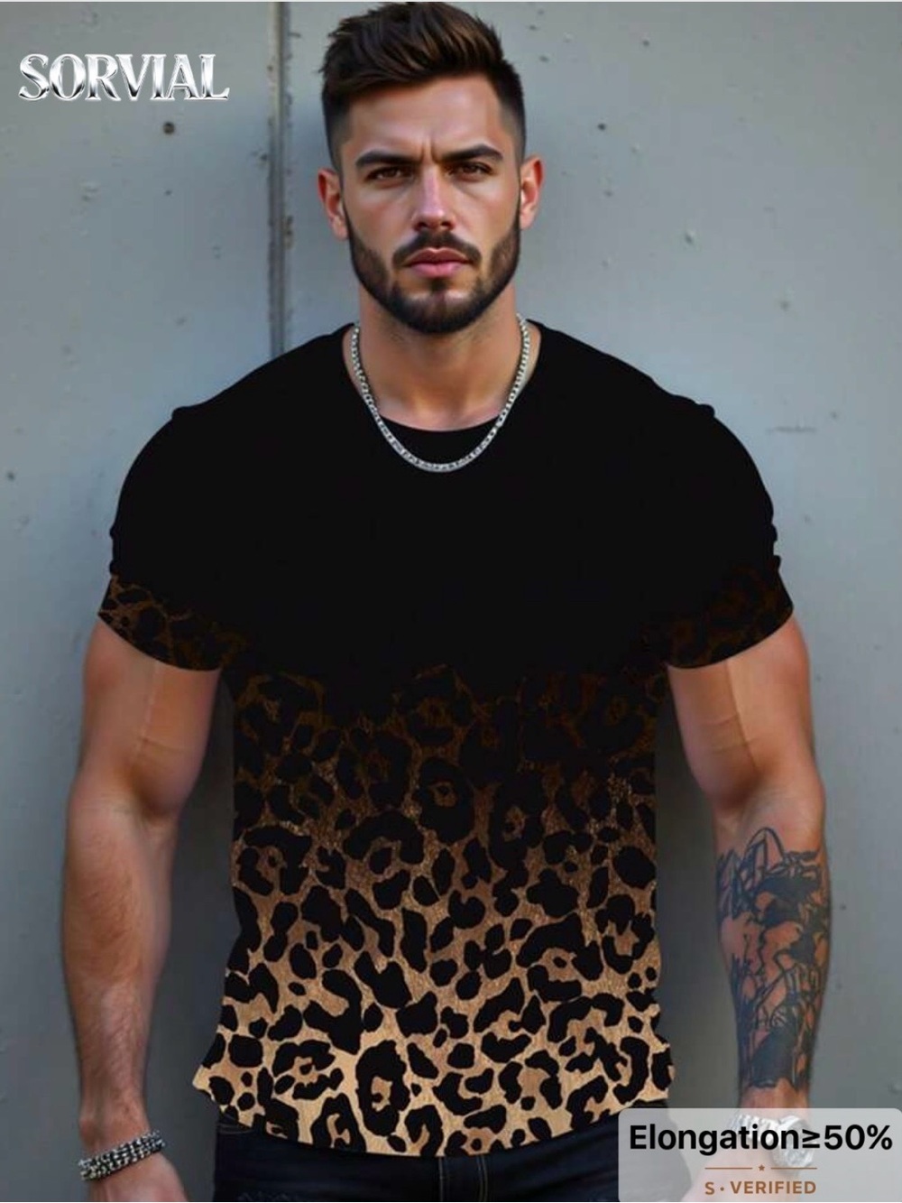 Sorial Men's Black and Brown Leopard-Pattern Short Sleeve Tee